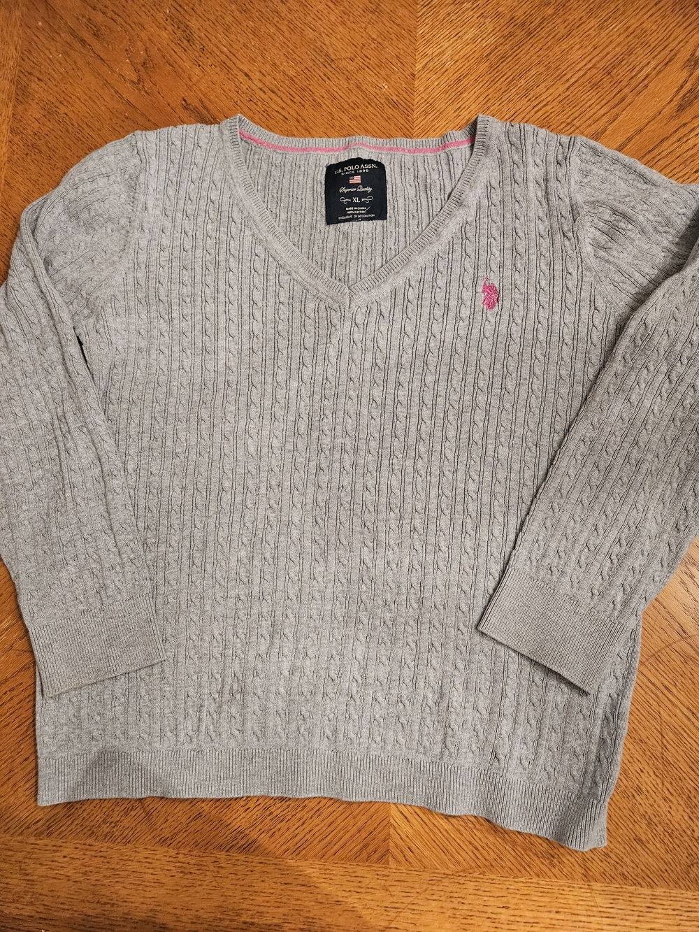 U.S. Polo Assn. V-Neck Cable Knit Sweater. Gray XL